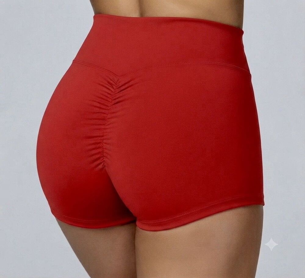 Women's High Waist Athletic Workout Shorts Smooth Red Stretch Gym Hot Pants Med